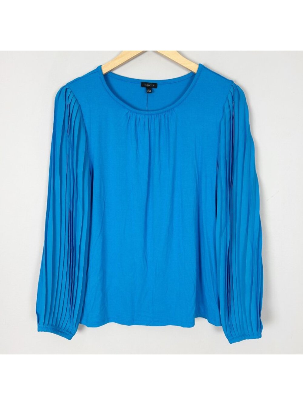 NEW Talbots Blue Stretch Knit Top with Pleated Long Sleeves Size Small Women's